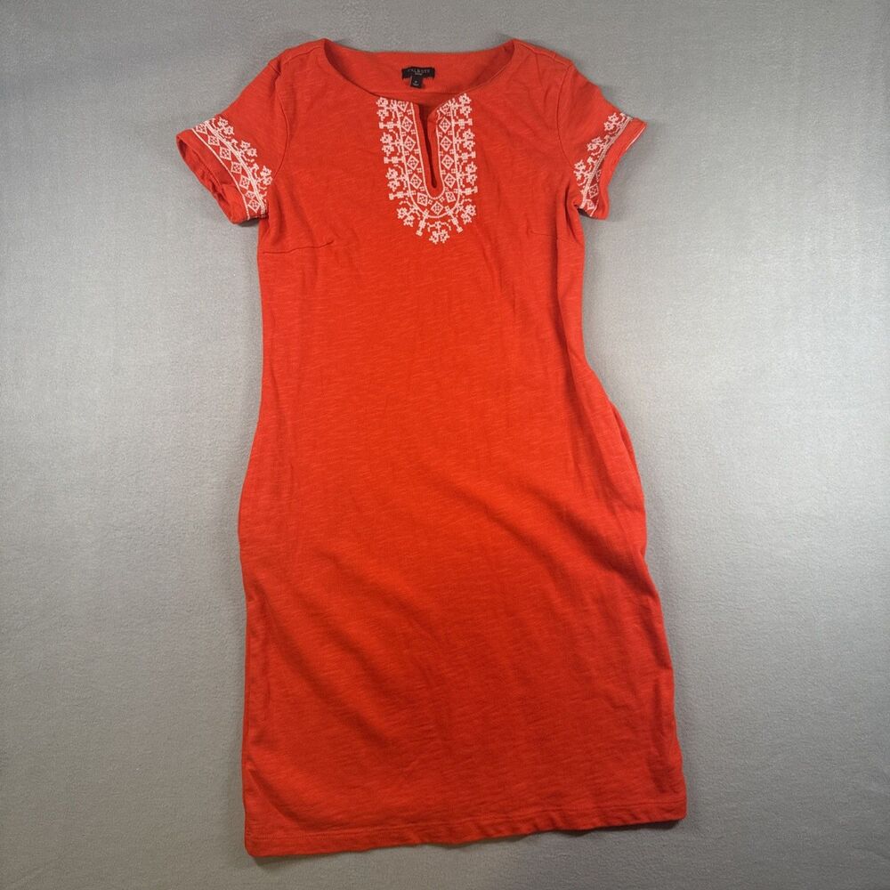 Talbots Orange Short Sleeve Midi Dress with White Embroidery 100% Cotton Size P